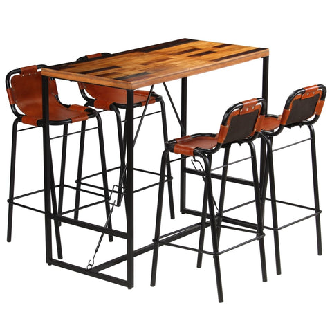 vidaXL Bar Set 5 Pieces Solid Reclaimed Wood and Genuine Goat Leather
