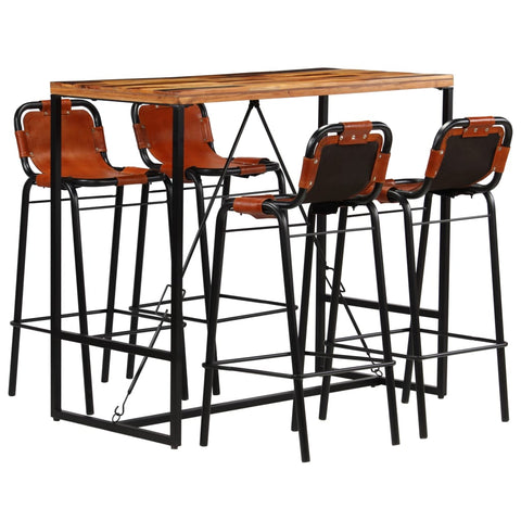 vidaXL Bar Set 5 Pieces Solid Reclaimed Wood and Genuine Goat Leather