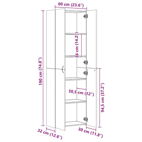 vidaXL Office Cabinet White 60x32x190 cm Engineered Wood