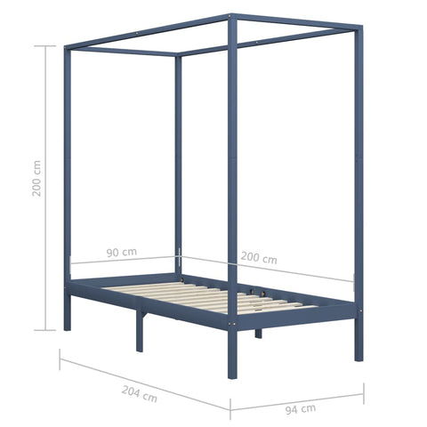 vidaXL Canopy Bed Frame without Mattress Grey Solid Wood 90x200 cm