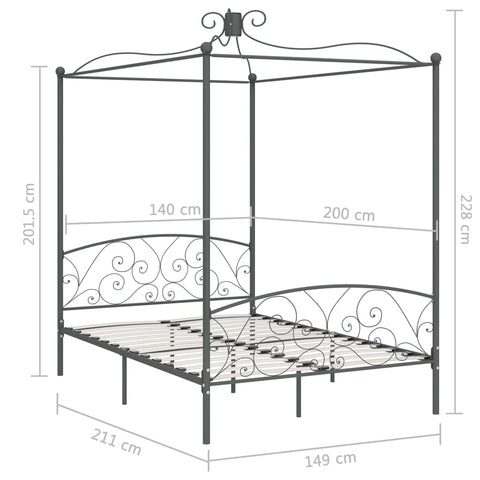 284483 vidaXL Canopy Bed Frame without Mattress Grey Metal 140x200 cm