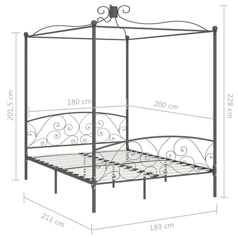 284485 vidaXL Canopy Bed Frame without Mattress Grey Metal 180x200 cm Super King