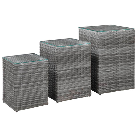 vidaXL Side Tables 3 pcs with Glass Top Grey Poly Rattan