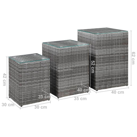 vidaXL Side Tables 3 pcs with Glass Top Grey Poly Rattan