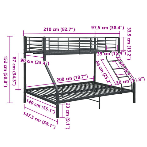 vidaXL Bunk Bed Frame without Mattress Black Metal 140x200 cm/90x200 cm