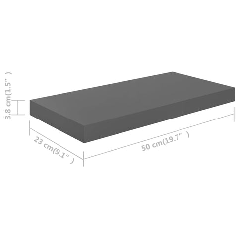 vidaXL Floating Wall Shelf High Gloss Grey 50x23x3.8 cm MDF