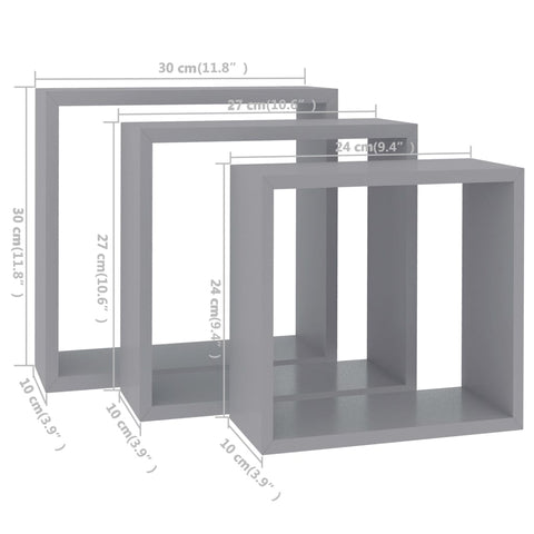 vidaXL Wall Cube Shelves 3 pcs Grey MDF