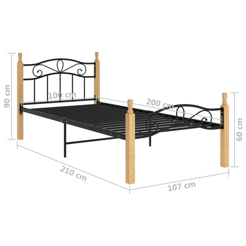 vidaXL Bed Frame without Mattress Black Metal&Solid Oak Wood 100x200 cm