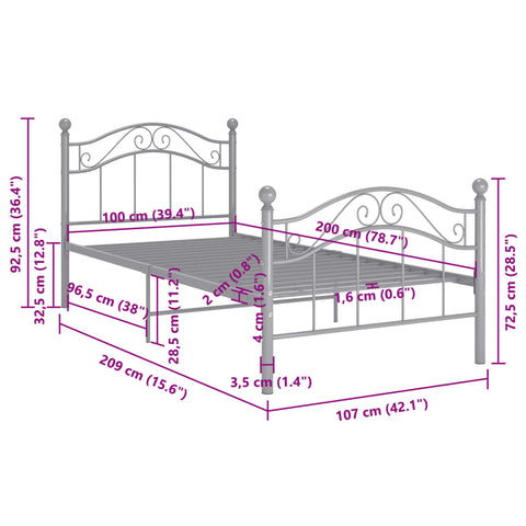 vidaXL Bed Frame without Mattress Grey Metal 100x200 cm