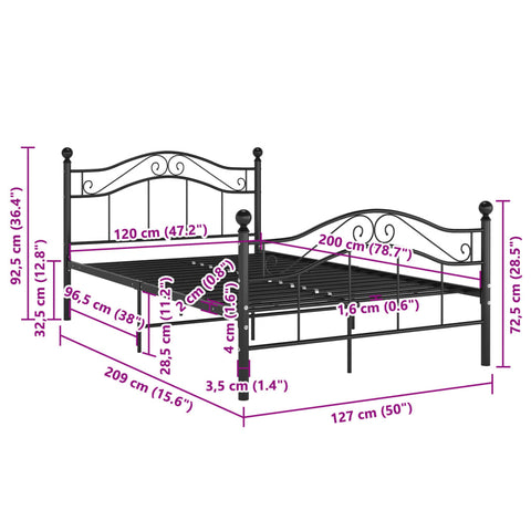 vidaXL Bed Frame without Mattress Black Metal 120x200 cm