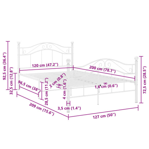 vidaXL Bed Frame without Mattress White Metal 120x200 cm