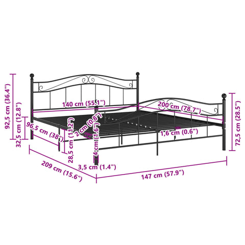 vidaXL Bed Frame without Mattress Black Metal 140x200 cm
