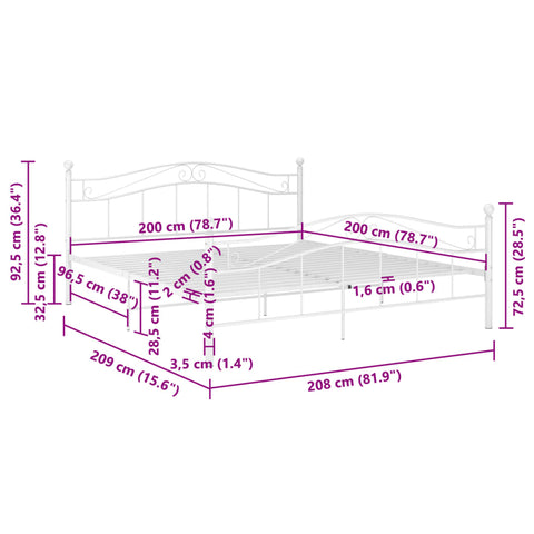 vidaXL Bed Frame without Mattress White Metal 200x200 cm