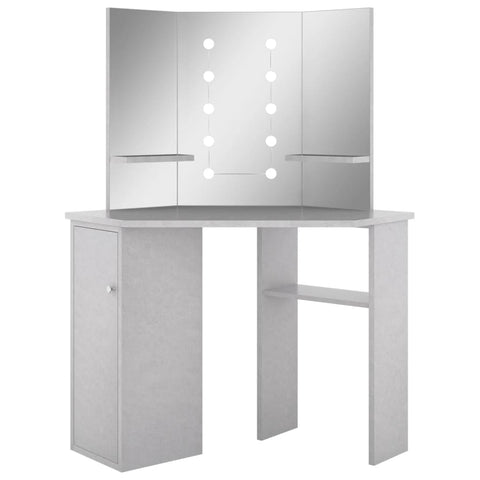 vidaXL Corner Dressing Table with LED Concrete Grey 111x54x141.5 cm