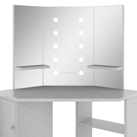 vidaXL Corner Dressing Table with LED Concrete Grey 111x54x141.5 cm