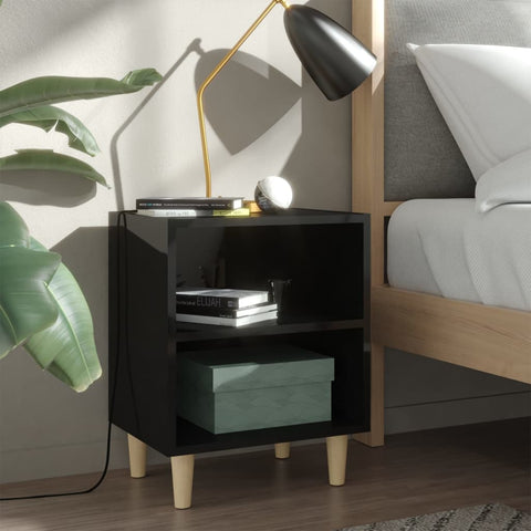 vidaXL Bed Cabinet with Solid Wood Legs High Gloss Black 40x30x50cm