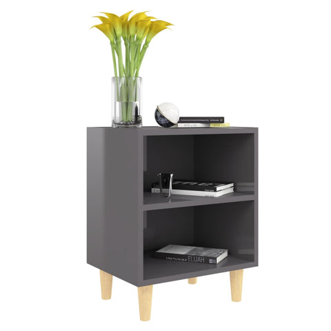 vidaXL Bed Cabinet with Solid Wood Legs High Gloss Grey 40x30x50 cm