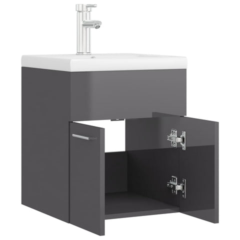 vidaXL Sink Cabinet with Built-in Basin High Gloss Grey Engineered Wood