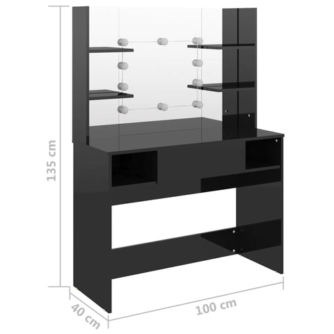vidaXL Makeup Table with LED Lights 100x40x135 cm MDF Shining Black