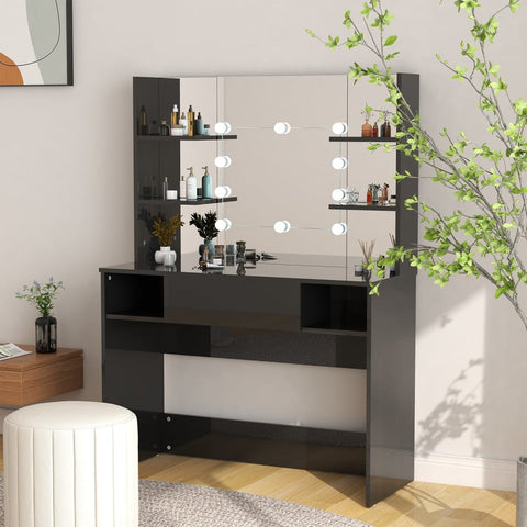 vidaXL Makeup Table with LED Lights 100x40x135 cm MDF Shining Black
