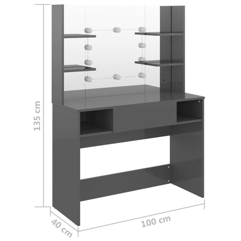 vidaXL Makeup Table with LED Lights 100x40x135 cm MDF Shining Grey