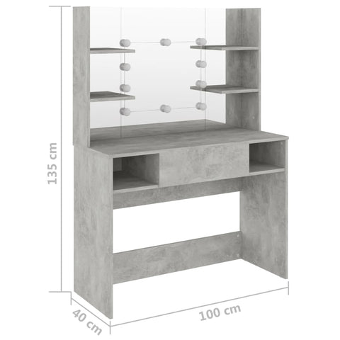 vidaXL Makeup Table with LED Lights 100x40x135 cm MDF Concrete Grey
