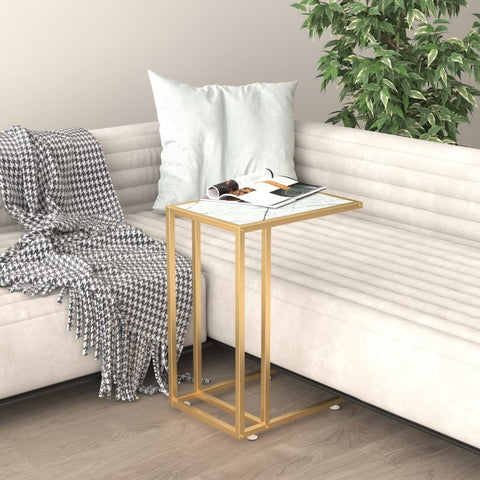 vidaXL Computer Side Table White Marble 50x35x65 cm Tempered Glass