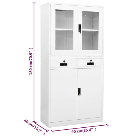vidaXL Office Cabinet White 90x40x180 cm Steel and Tempered Glass