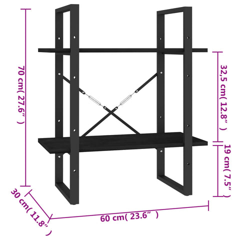 vidaXL 2-Tier Book Cabinet Black 60x30x70 cm Solid Pine Wood