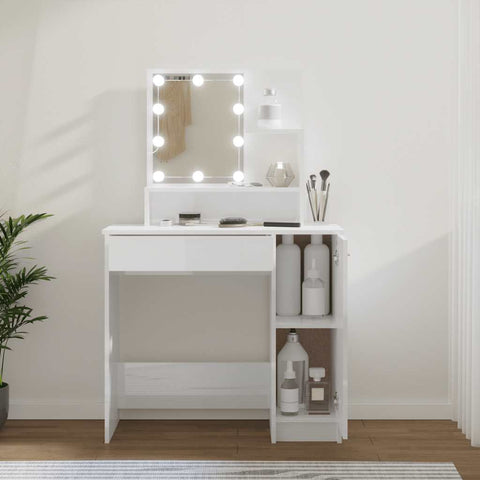 vidaXL Dressing Table with LED High Gloss White 86.5x35x136 cm