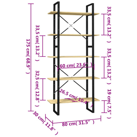 vidaXL 5-Tier Book Cabinet 80x30x175 cm Pinewood