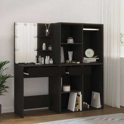 vidaXL LED Dressing Table with Cabinets Black Engineered Wood