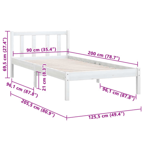 810068 vidaXL Bed Frame without Mattress White Solid Wood 90x200 cm