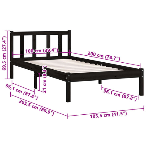 810076 vidaXL Bed Frame without Mattress Black Solid Wood 100x200 cm