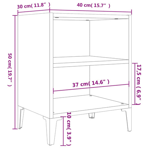 vidaXL Bed Cabinet with Metal Legs Grey Sonoma 40x30x50 cm