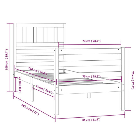 vidaXL Bed Frame without Mattress 75x190 cm Small Single Small Single Solid Wood