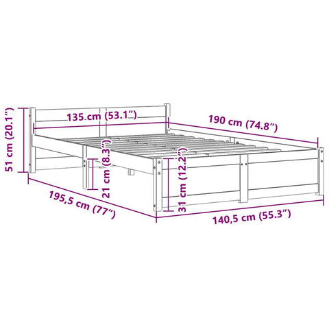 vidaXL Bed Frame without Mattress White Solid Wood 135x190 cm Double Double