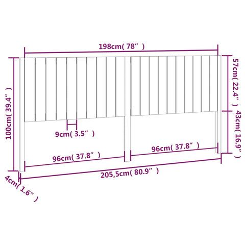vidaXL Bed Headboard White 205.5x4x100 cm Solid Wood Pine