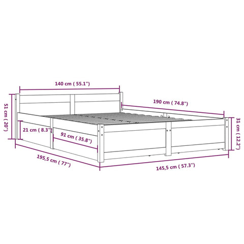 3103550 vidaXL Bed Frame without Mattress with Drawers White 140x190 cm (815025+814995)