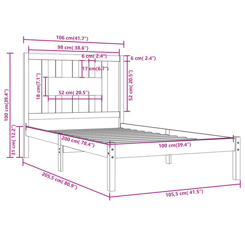 3104053 vidaXL Bed Frame without Mattress Solid Wood 100x200 cm (810007+818655)