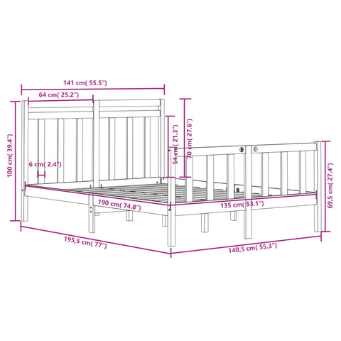 vidaXL Bed Frame without Mattress White 135x190 cm Double Solid Wood