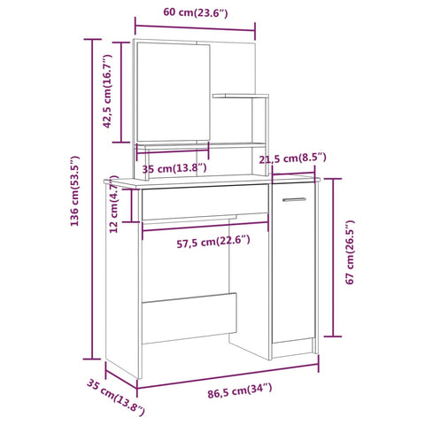 vidaXL Dressing Table with Mirror White 86.5x35x136 cm