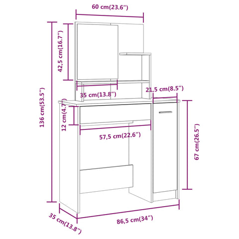 vidaXL Dressing Table with Mirror High Gloss White 86.5x35x136 cm