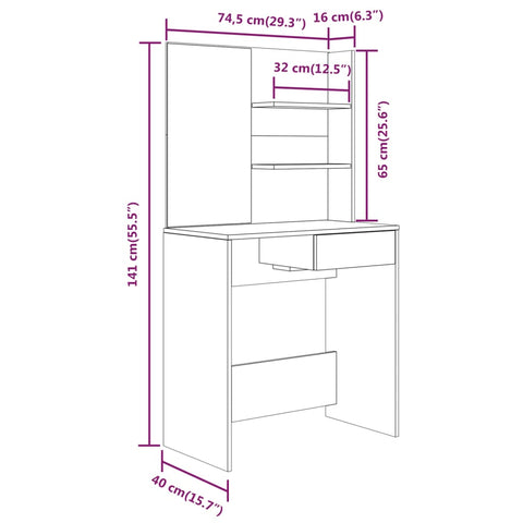 vidaXL Dressing Table with Mirror Grey Sonoma 74.5x40x141 cm