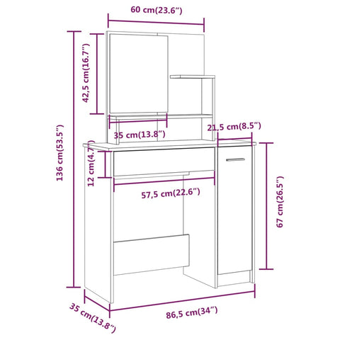 vidaXL Dressing Table with Mirror Smoked Oak 86.5x35x136 cm