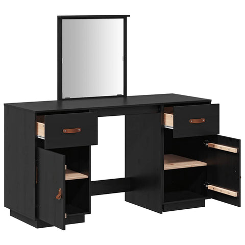 vidaXL Dressing Table Set with a Mirror Black Solid Wood Pine