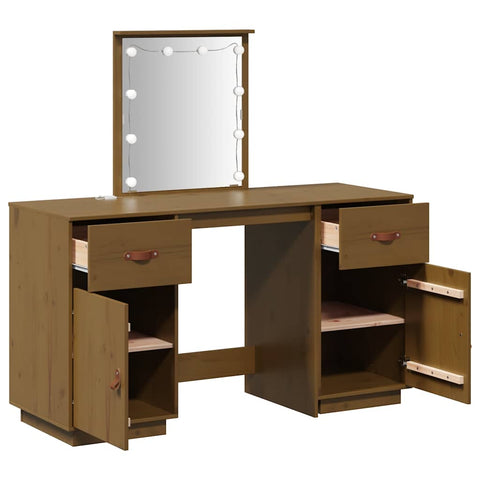 vidaXL Dressing Table Set with LED Honey Brown Solid Wood Pine