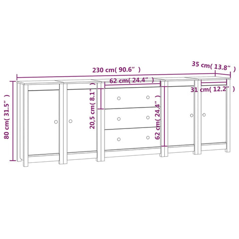 vidaXL Sideboard 230x35x80 cm Solid Wood Pine