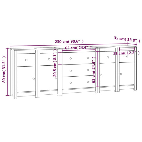 vidaXL Sideboard White 230x35x80 cm Solid Wood Pine