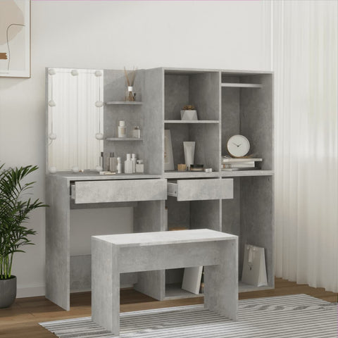 vidaXL Dressing Table Set with LED Concrete Grey Engineered Wood